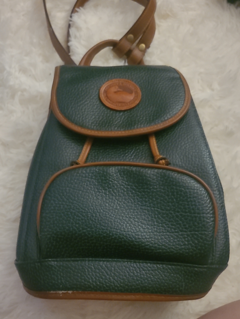 Dooney and Bourke Dark Green Pebbled Backpack with Tan Trim